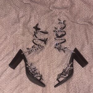 Wild Diva Black Strappy Floral Heels